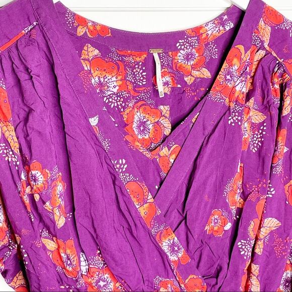 Free People Tuscan Dreams Floral Print Tie Sleeve Tunic Plum Orange XS - Picture 4 of 11
